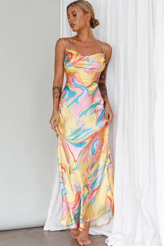 Moment With You Ruched Bust Midi Dress Swirl Yellow/Green Vacation midi dresses