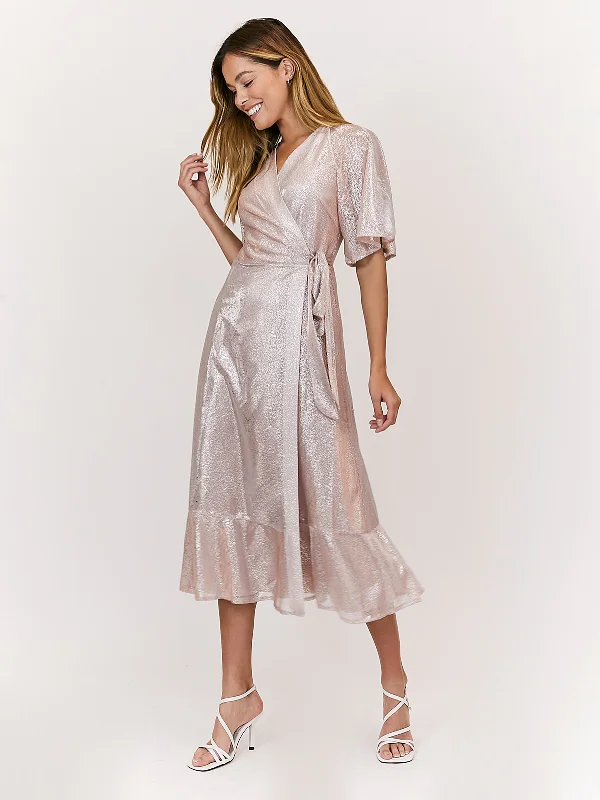 Peyton Angel Sleeve Blush Metallic Wrap Midi Dress Formal midi dresses