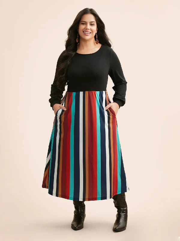 Round Neck Contrast Striped Patchwork Midi Dress Festival midi dresses