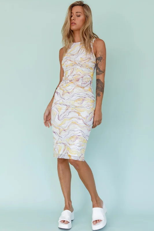 Sarafina Twist Accent Mesh Midi Dress Marble Yellow Cocktail midi dresses