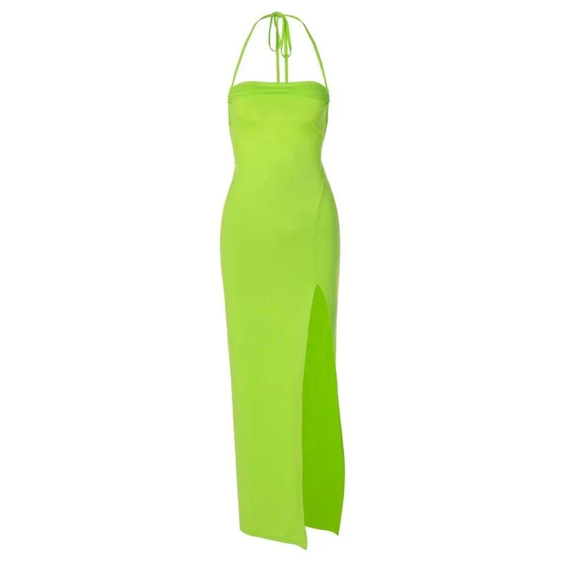 Sleeveless solid halter slit self tie backless midi dress- Final Sale Wedding guest midi dresses