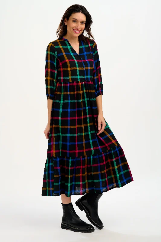 Uri Midi Smock Dress - Black, Rainbow Check Best midi dresses for tall women