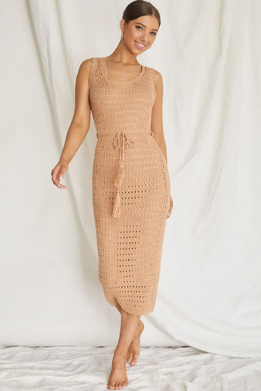 Wander Lust Crochet Midi Dress Mocha Chiffon midi dresses