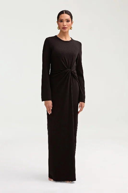 Aissia Ribbed Twist Front Maxi Dress - Black Flowy maxi dresses