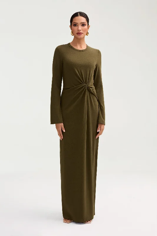 Aissia Ribbed Twist Front Maxi Dress - Olive Night Boohoo maxi dresses