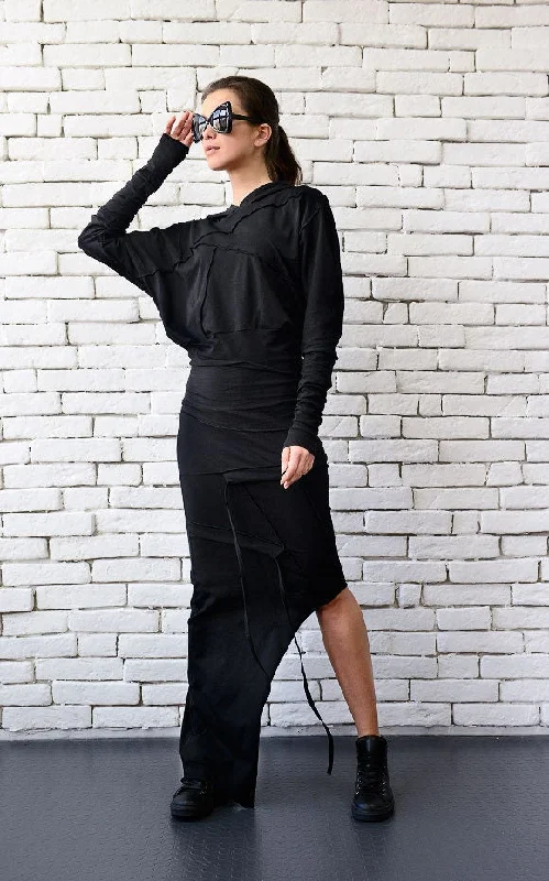 Asymmetric Hooded Long Dress In Black Stretchy maxi dresses