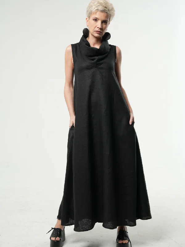 Black Linen Maxi Dress With Large Collar Beach maxi dresses