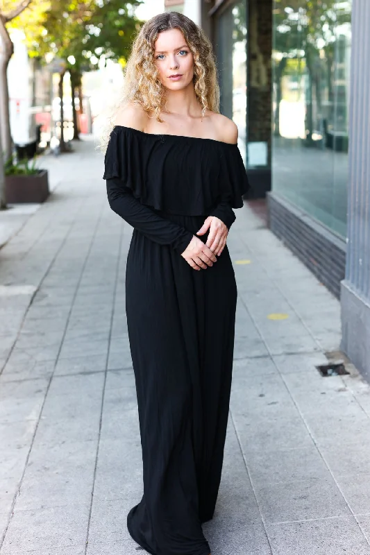 Black Solid Flutter Shoulder Maxi Dress Clubbing maxi dresses