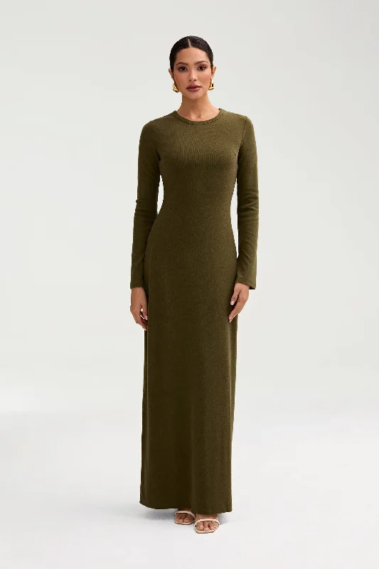 Ella Ribbed Split Cuff Maxi Dress - Olive Night Shein maxi dresses