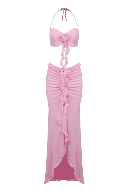 Flowy Halter Tie Rose Bra Ruched Mesh Draped Ruffle Two Piece Maxi Dress Flattering maxi dresses for all body types