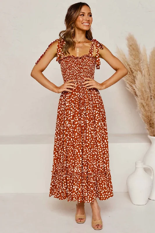 Flowy Leopard Print Tie Strap Maxi Beach Vacation Dress - Rust High-end maxi dresses