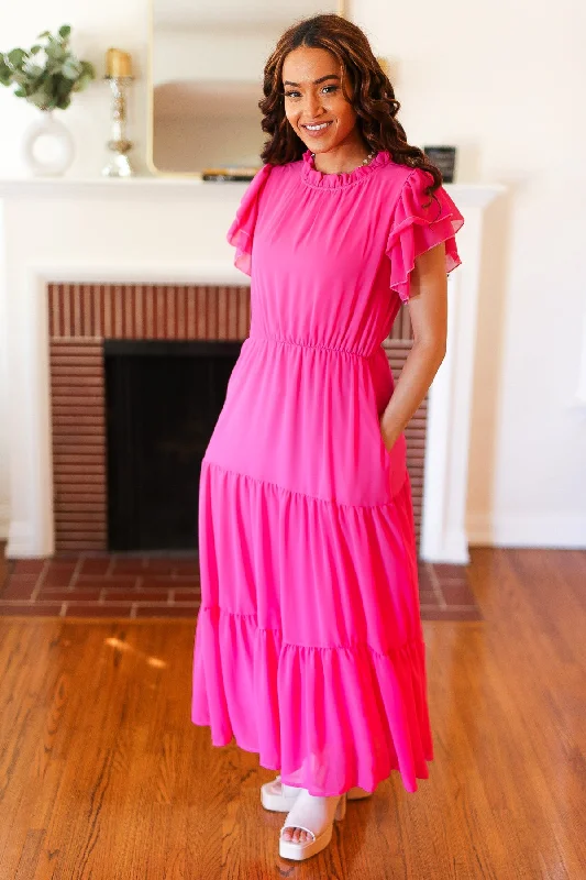 Perfectly You Hot Pink Mock Neck Tiered Chiffon Maxi Dress (Open Pack) Best maxi dresses for tall women