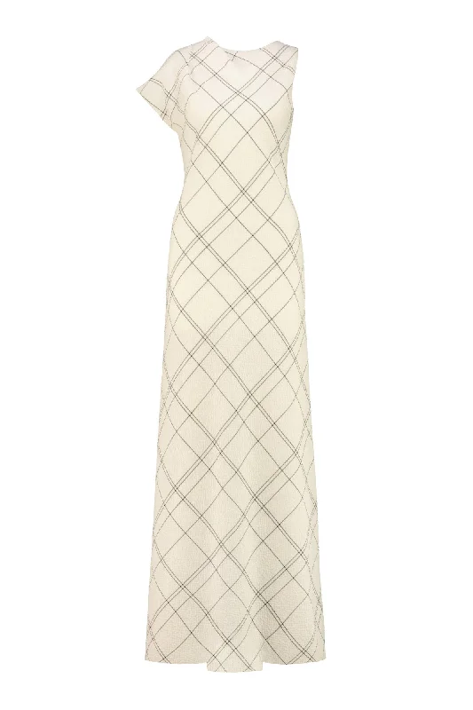 LIATRIS IVORY PLAID WOOL SEERSUCKER A-SYMMETRIC MAXI DRESS Hot new arrivals in maxi dresses