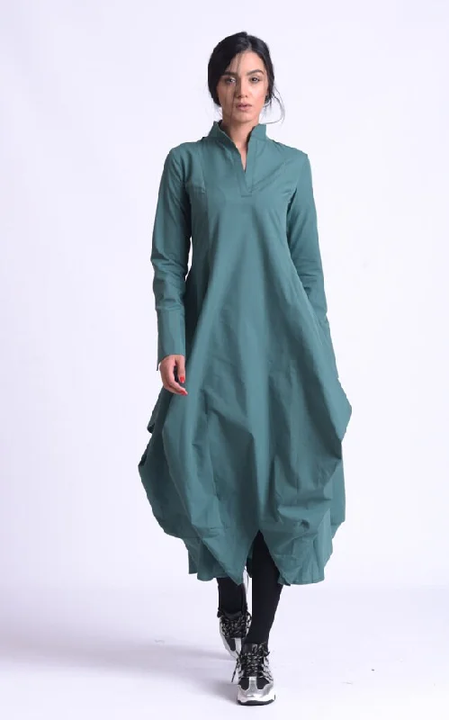 Maxi Asymmetric Collar Shirt  Dress In Slate Green Tiered maxi dresses