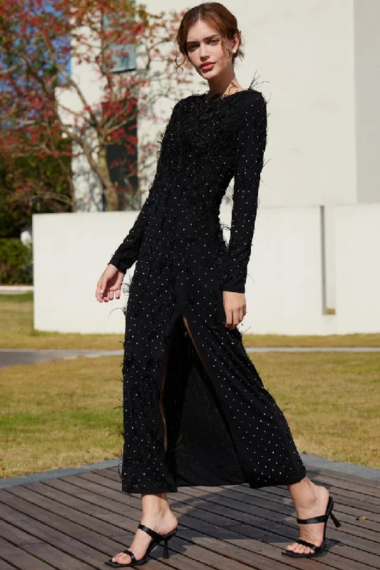 Luxury Rhinestone Faux Feather Trim Split Mesh Evening Maxi Dress - Black Strapless maxi dresses