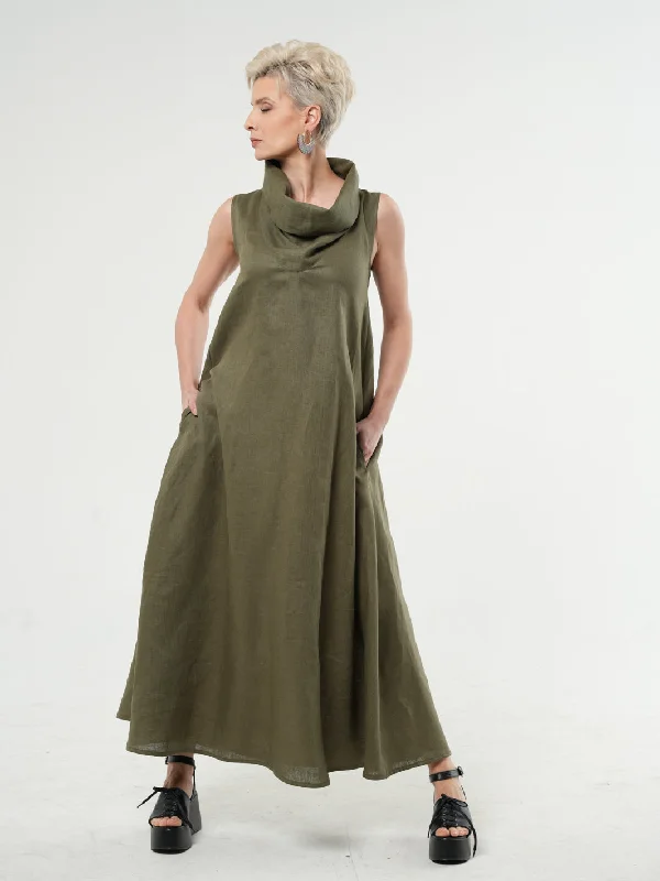 Maxi Linen Dress With Large Collar in Khaki Velvet maxi dresses