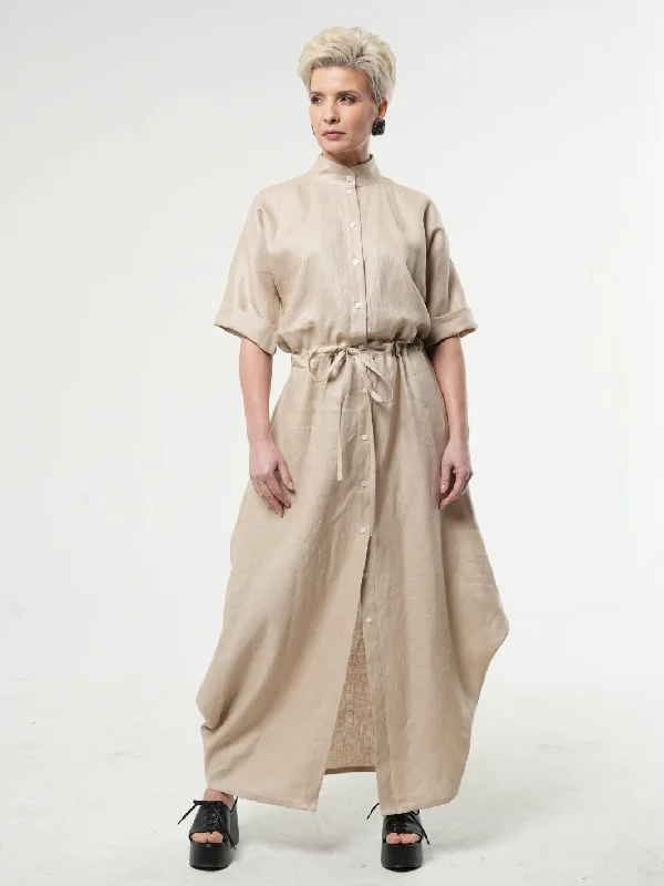 Maxi Linen Shirt Dress In Beige Y2K maxi dresses