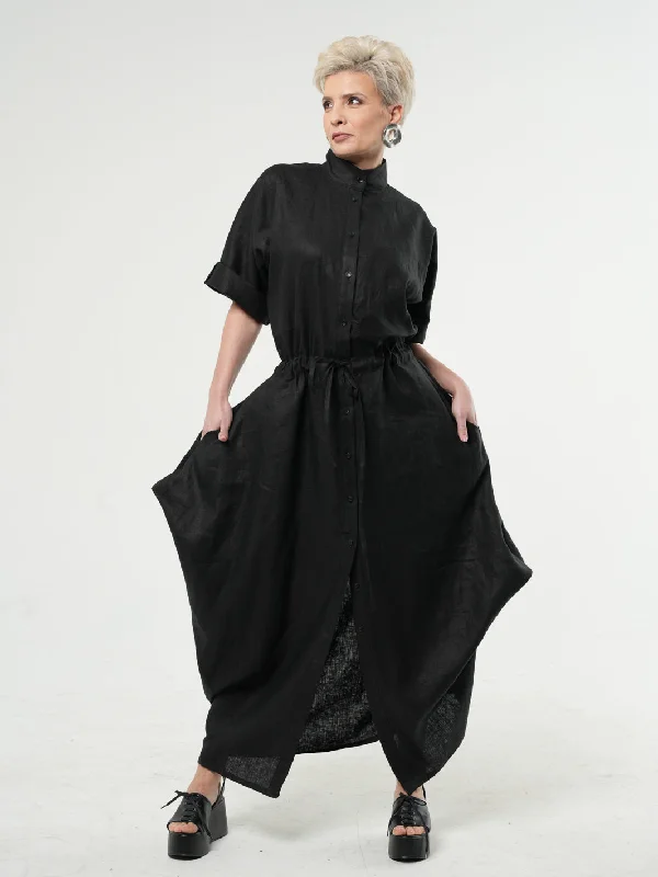 Maxi Linen Shirt Dress in Black Knitted maxi dresses