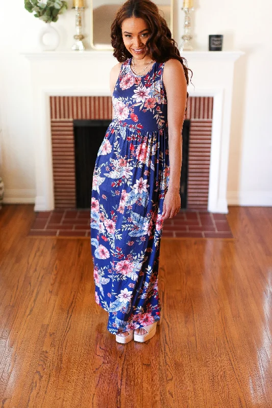 Navy Floral Fit and Flare Sleeveless Maxi Dress (Open Pack) Comfortable maxi dresses for everyday wear