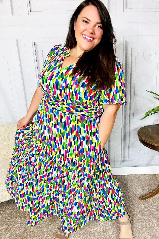 All For You Navy Multicolor Abstract Print Smocked Waist Maxi Dress (Open Pack) Chic maxi dresses