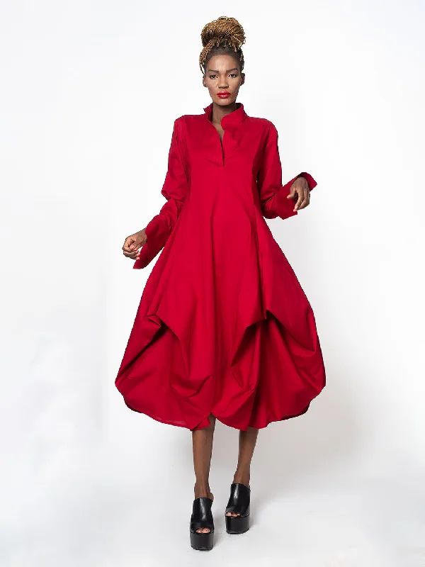 Maxi Asymmetric Collar Shirt  Dress In Red Office maxi dresses