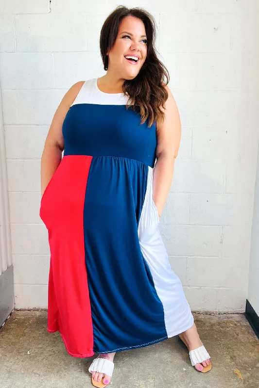 Patriotic Color Block Fit & Flare Maxi Dress (Open Pack) Vacation maxi dresses