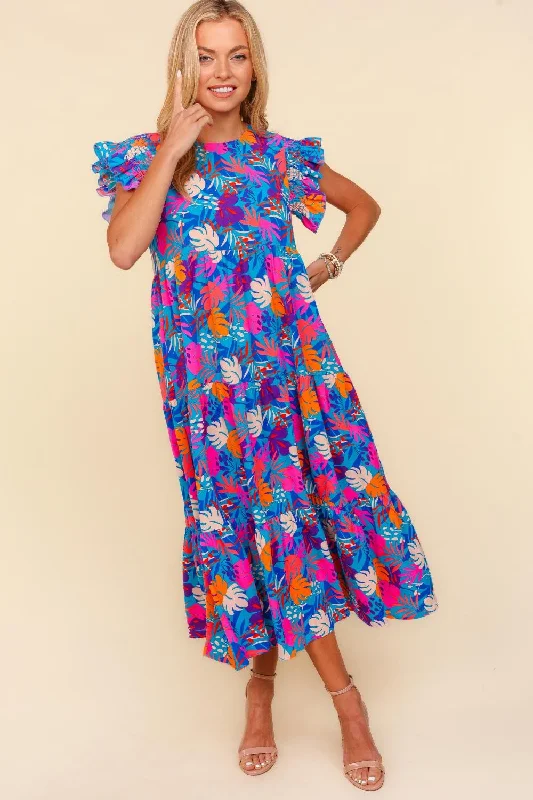 Ruffle Frill Short Sleeve Maxi Tropical Dress Off-shoulder maxi dresses