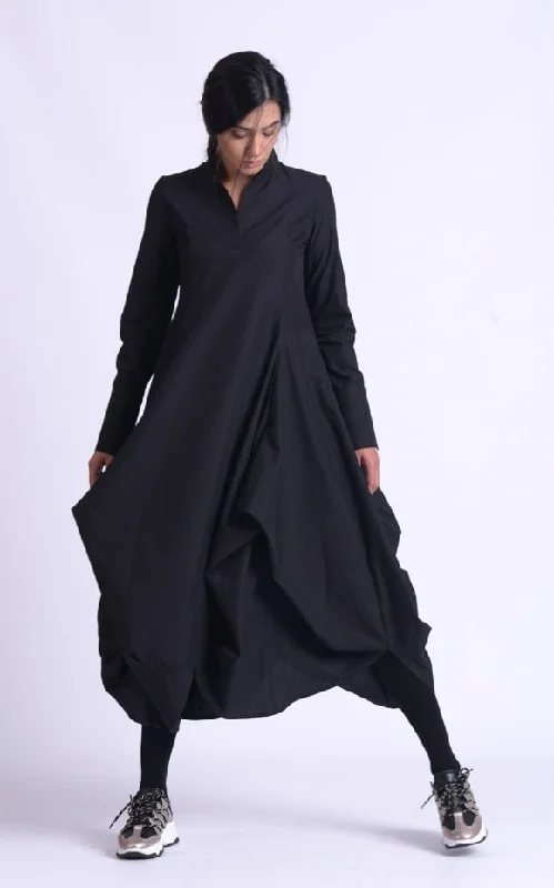 Maxi Asymmetric Collar Shirt  Dress In Black Festival maxi dresses