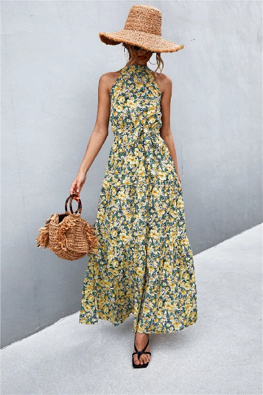 Printed Sleeveless Tie Waist Maxi Dress Holiday maxi dresses