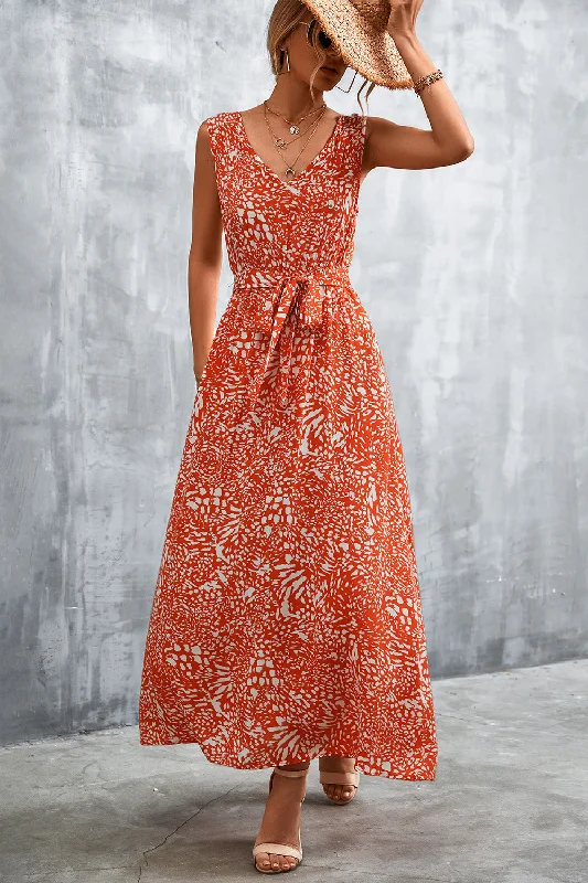 Printed V-Neck Tie Waist Maxi Dress Formal maxi dresses