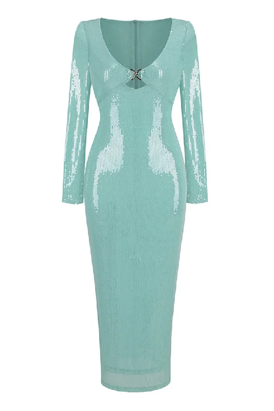 Sexy Plunge Cut Out Long Sleeve Sheer Mesh Bodycon Sequin Maxi Dress Summer maxi dresses