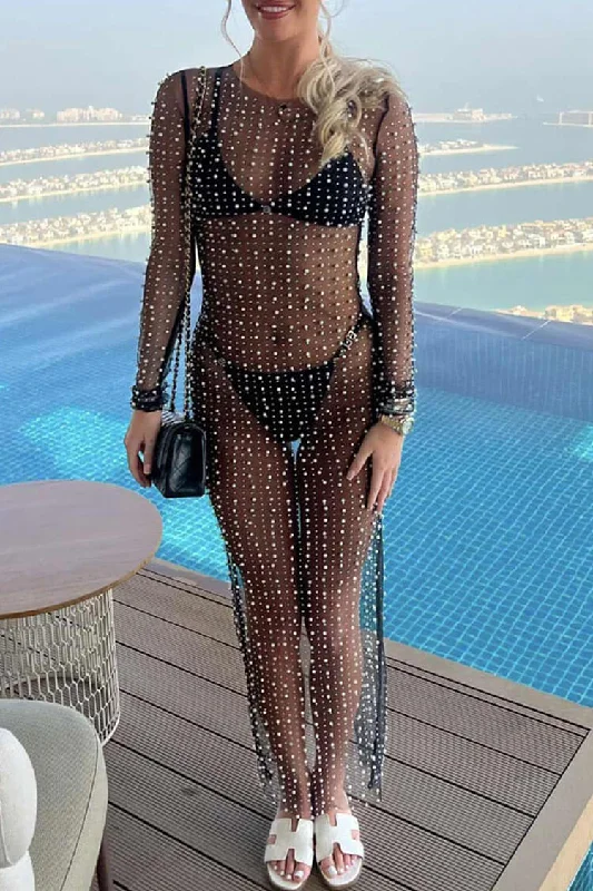 Sexy Round Neck Long Sleeve Faux Pearl Split Sheer Mesh Maxi Dress - Black Bodycon maxi dresses