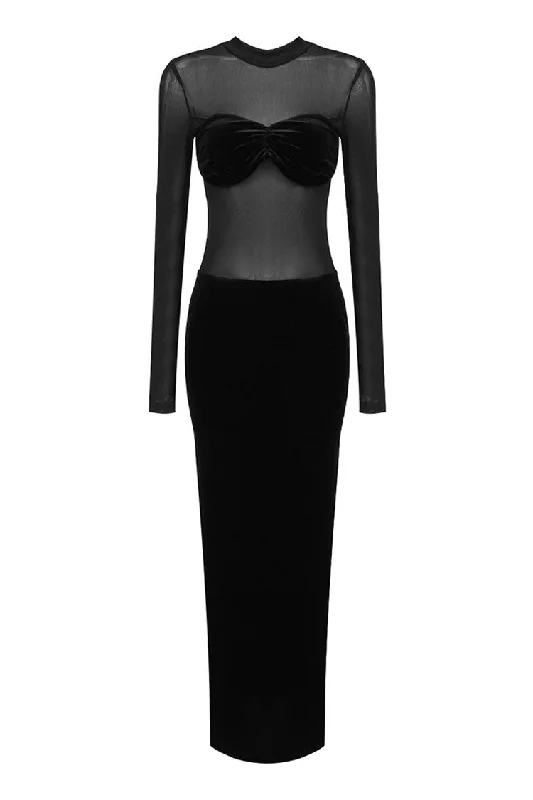 Sexy Sheer Mesh Mock Neck Bustier Long Sleeve Velvet Evening Maxi Dress Must-have maxi dresses for this season