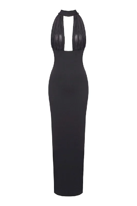 Sexy Sheer Mesh Plunge Halter Wrap Tie Draped Sheath Evening Maxi Dress Hot new arrivals in maxi dresses