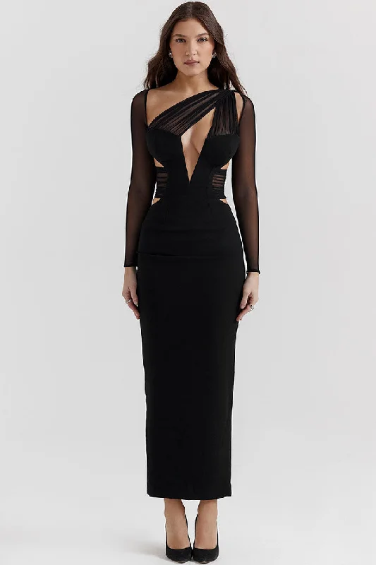 Sexy Sheer Ruched One Shoulder Cutout Bodycon Evening Maxi Dress - Black Prom maxi dresses