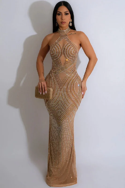 Sparkly Rhinestone Halter Neck Fishtail Sheer Mesh Maxi Dress - Apricot Ruffled maxi dresses