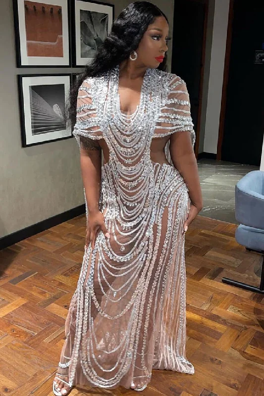 Sparkly Rhinestone Sequined Sheer Mesh Cutout Cape Evening Maxi Dress - Silver Expensive maxi dresses