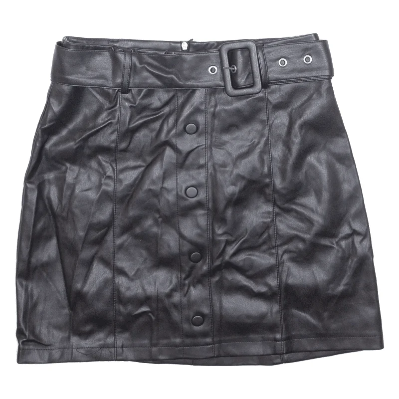 AMISU Faux Leather Belted Womens Straight Skirt Black Short UK 10 Pleated Denim Skirt