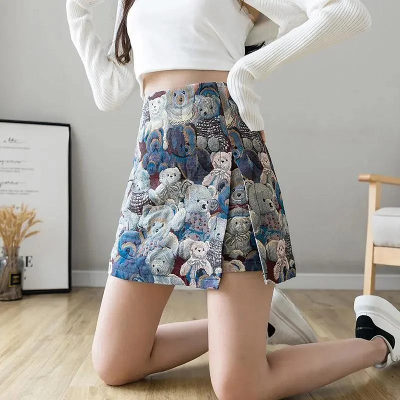 Bear Split Skirt Women's Spring and Autumn High Waist Small Anti-Slip A-Line Short Skirt Cute Mini Skirt