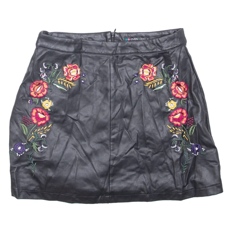 EVEN & ODD Faux Leather Embroidery Womens A-Line Skirt Black Short Floral L Mini Skirt with Lace