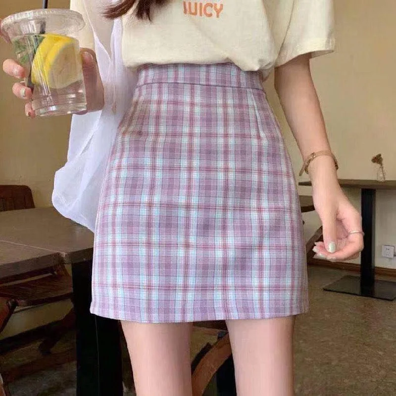 Female Simple High Waist Short Holiday Plaid Skirt Slim Elegant Vacation A-line Miniskirt High-waist Skirt Trend