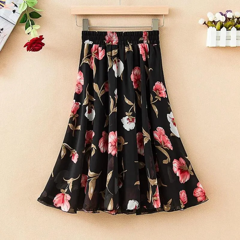 Floral Chiffon Skirt Female Summer Mid-length High-waist Print Big Swing Fairy Skirt Ladies Small Short Skirt Thin Soft Leather Skirt