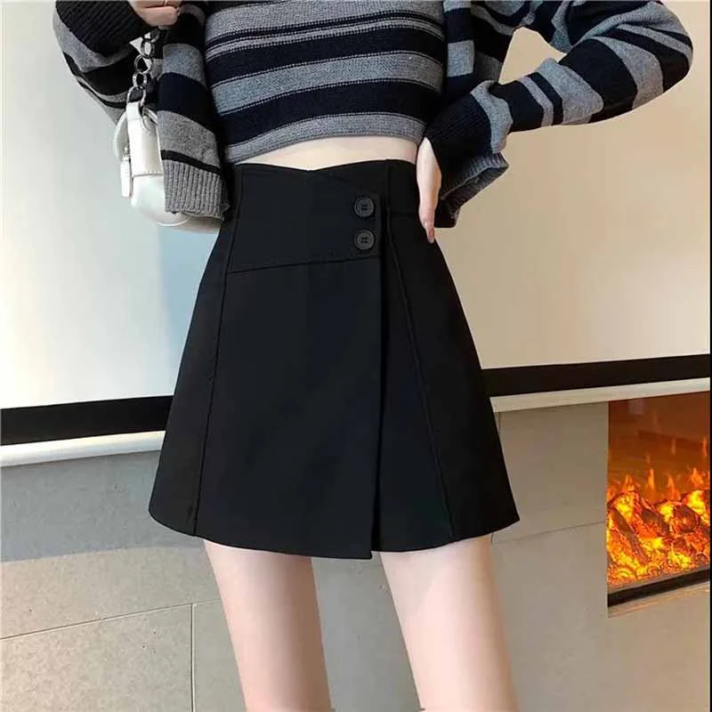 Hakama Women's Autumn and Winter Models High Waist Wide-leg Shorts Suit A-line Skirt Fake Two-piece Front Skirt and Back Pants Half-length Culottes Wrap Mini Skirt