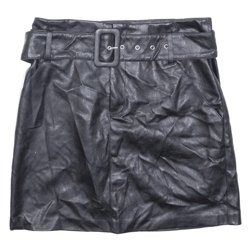 ONLY Leather Feel Belted Womens Straight Skirt Black Short UK 8 Cozy Denim Mini Skirt