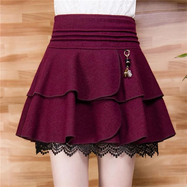 Plus Size High Waist Woolen Pleated Skirt Women Sexy Lace Stitching Puff Skirt Spring, Autumn and Winter Short A-line Skirt Ripped Mini Denim Skirt