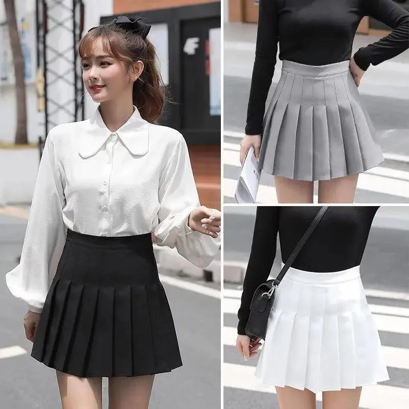 Spring and Summer Fresh Style High-waisted Ladies Anti-glare Pleated Skirt A-line Short Skirt Skirt All-match Solid Color Skirt Mini Skirt Party