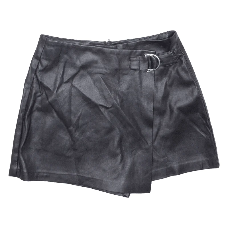 TALLY WEIJL Leather Feel Belted Womens Skort Skirt Black Short Leather S Tie Waist Mini Skirt