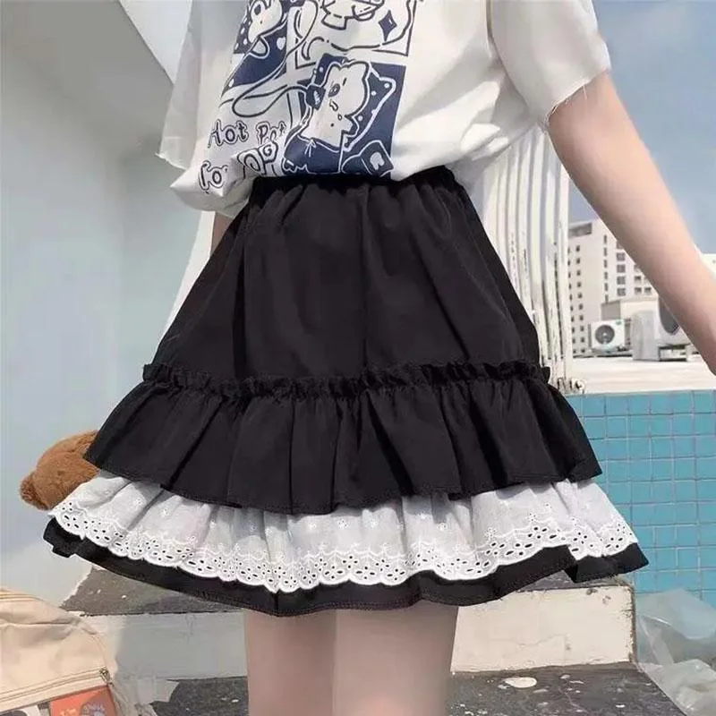 Woman Skirts Summer Casual A-line Skirt Girls JK Mini Skirts Solid Color Elastic High Waist Skirt Loose Lace Ball Gown Flirty Mini Skirt