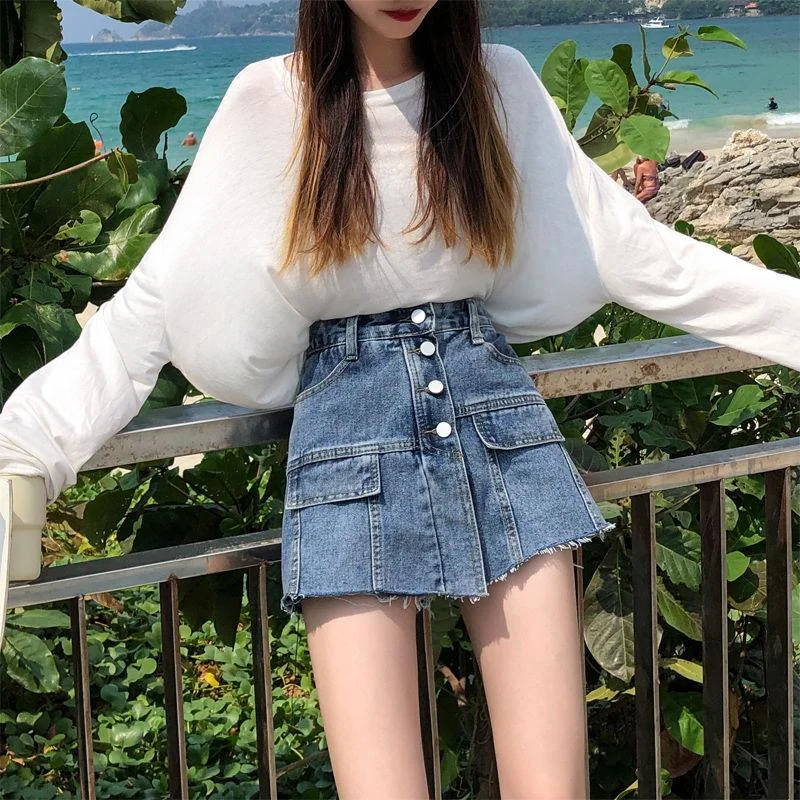 WTEMPO Women's Jeans Shorts Loose Korean Students High Waist Was Tall and Thin Wide Leg A-line Skirt Comfortable Mini Skirt