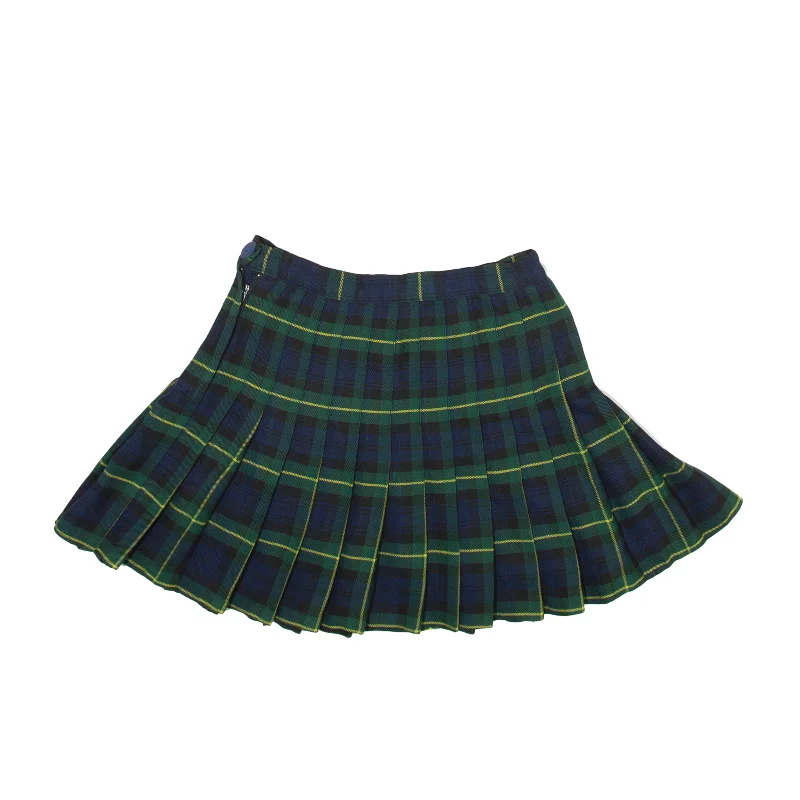 Y2K Short Pleated Skirt Green Check Womens M Lace Detail Mini Skirt